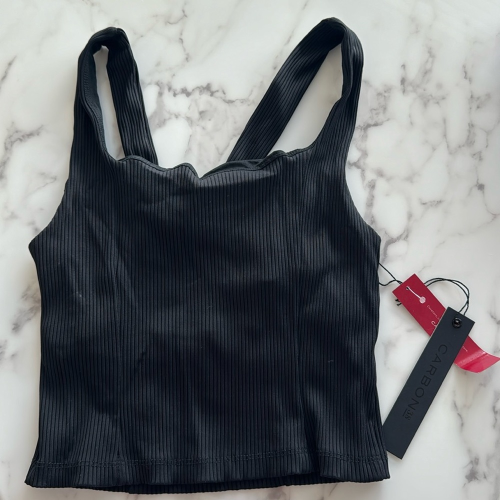 NWT Carbon38 Black Ribbed Athletic Built-In Tank Bra Cropped Top